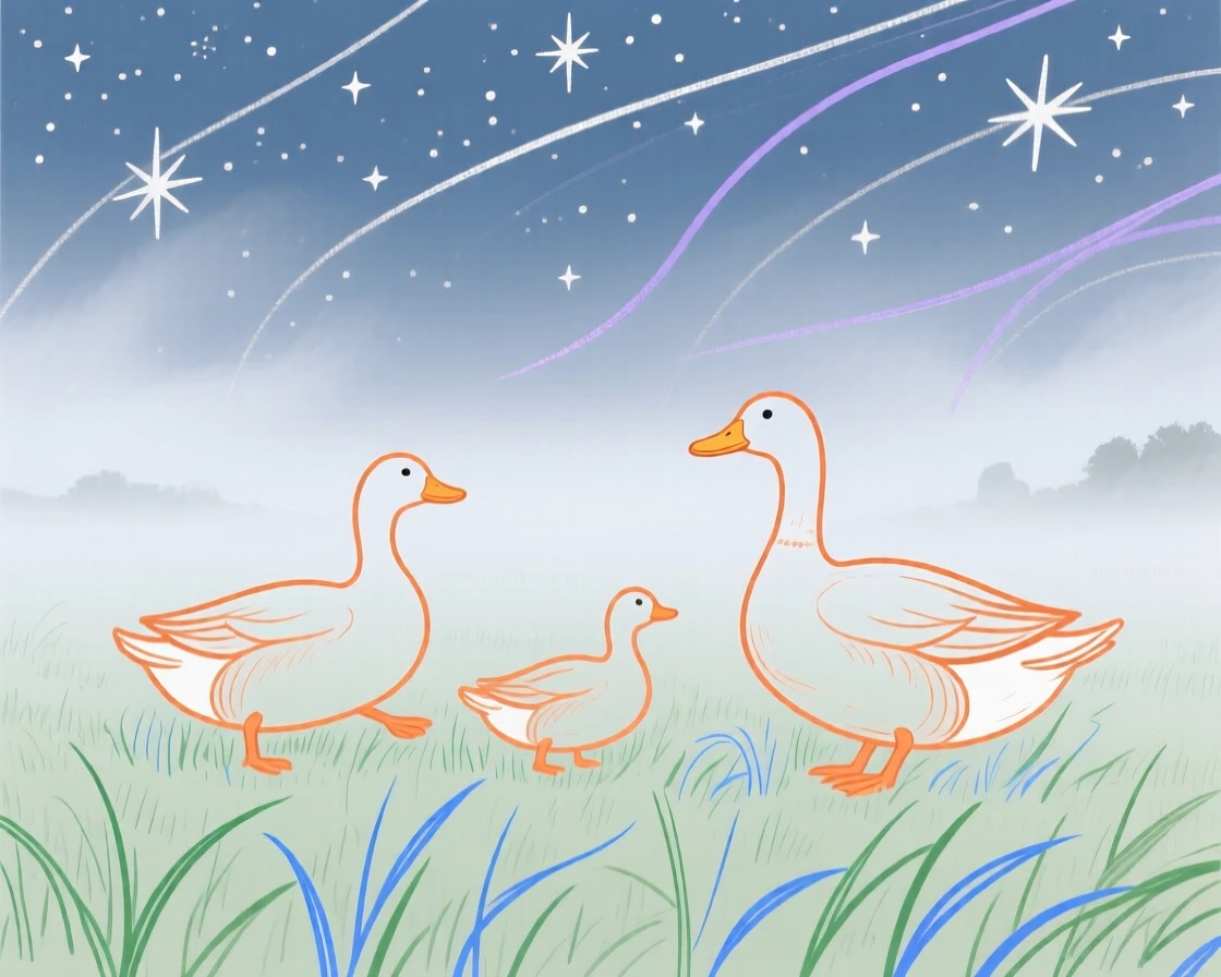 A family of ducks stretching in the morning light in a misty morning field under a clear starry sky.