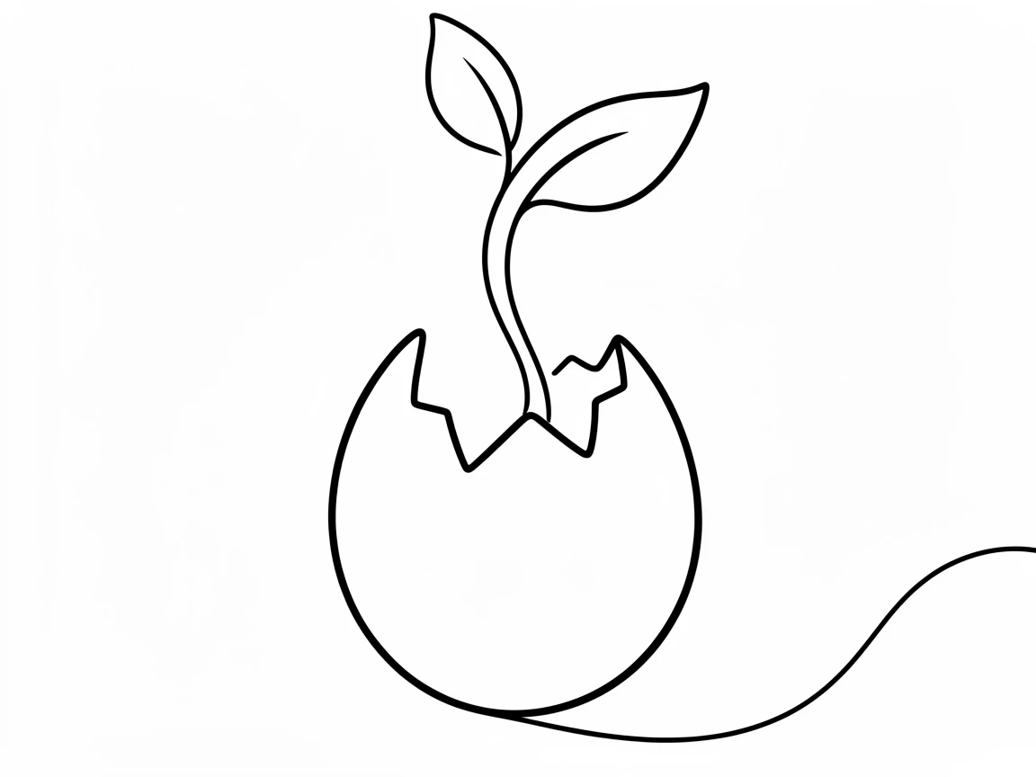 A cracked eggshell with a small green sprout emerging, representing new life