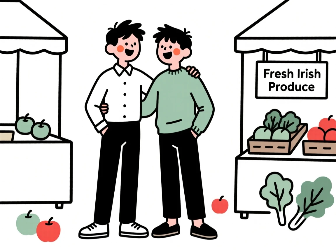 Twin brothers of Irish heritage in a sleek minimalist outfit, bursting with excitement, at a countryside farmers market.