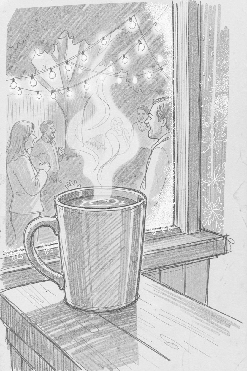A festive scene of a hot cocoa mug beside a frosted window in a warmly lit backyard, with laughter and joy filling the scene.