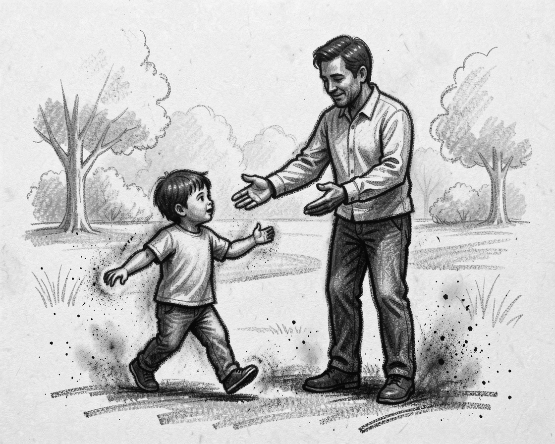 A child taking their first steps toward a parent's open arms, on a quiet, peaceful afternoon.