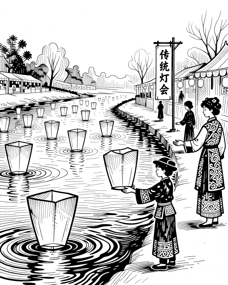 A colorful traditional festival with paper lanterns floating gently down a river.