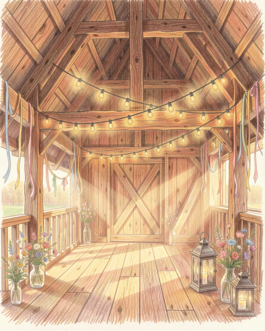A rustic barn loft decorated with fairy lights for a celebration, bathed in the warm glow of golden-hour light, evoking warmth, beauty, and a lasting sense of wonder.