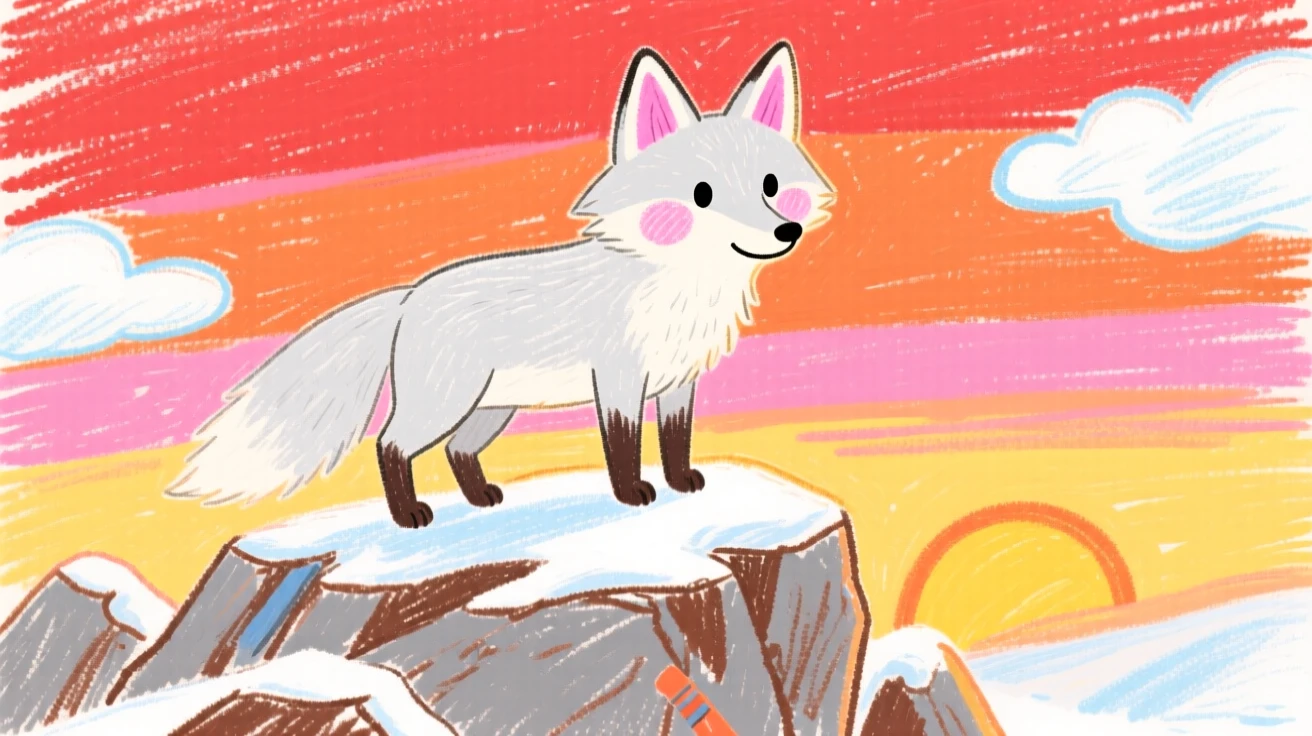 A snowy fox standing alert on a rocky outcrop at sunrise.
