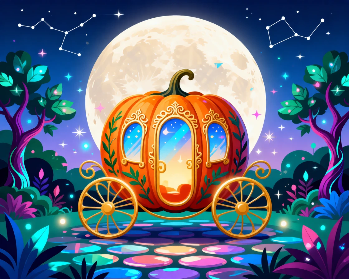 A fairy tale pumpkin carriage glowing softly under a full moon, set within a mystical realm glowing with soft magical light, arranged with soft sparkles and glowing highlights throughout, with rich jewel tones that evoke wonder and imagination.
