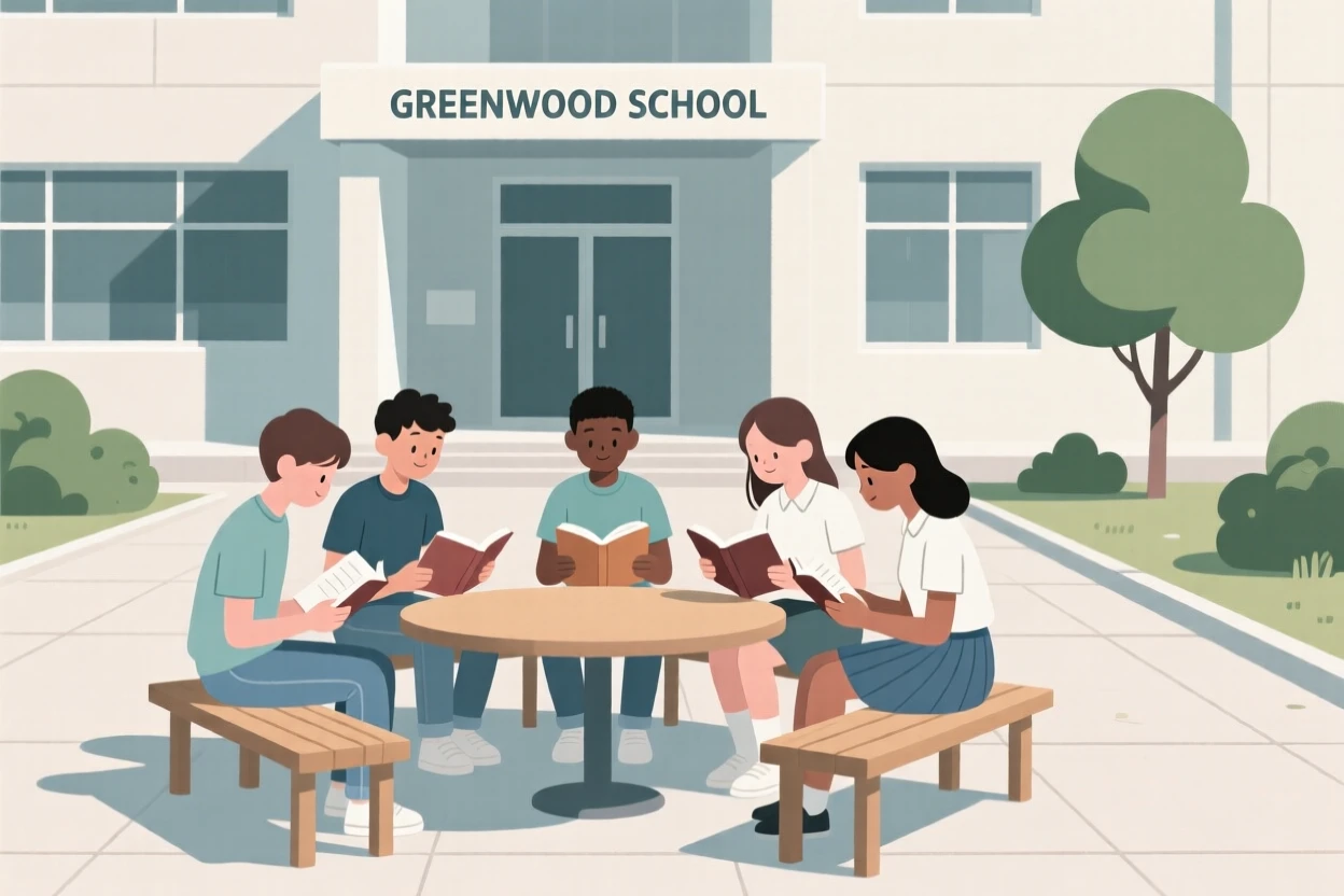 A group of students reading together in a school courtyard.