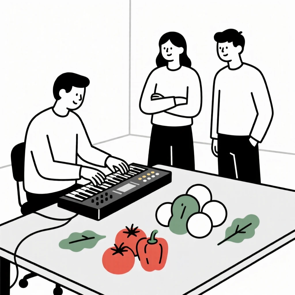 A musician in a studio collaborating with colleagues in a quiet design studio, near fresh ingredients, full of focused determination.