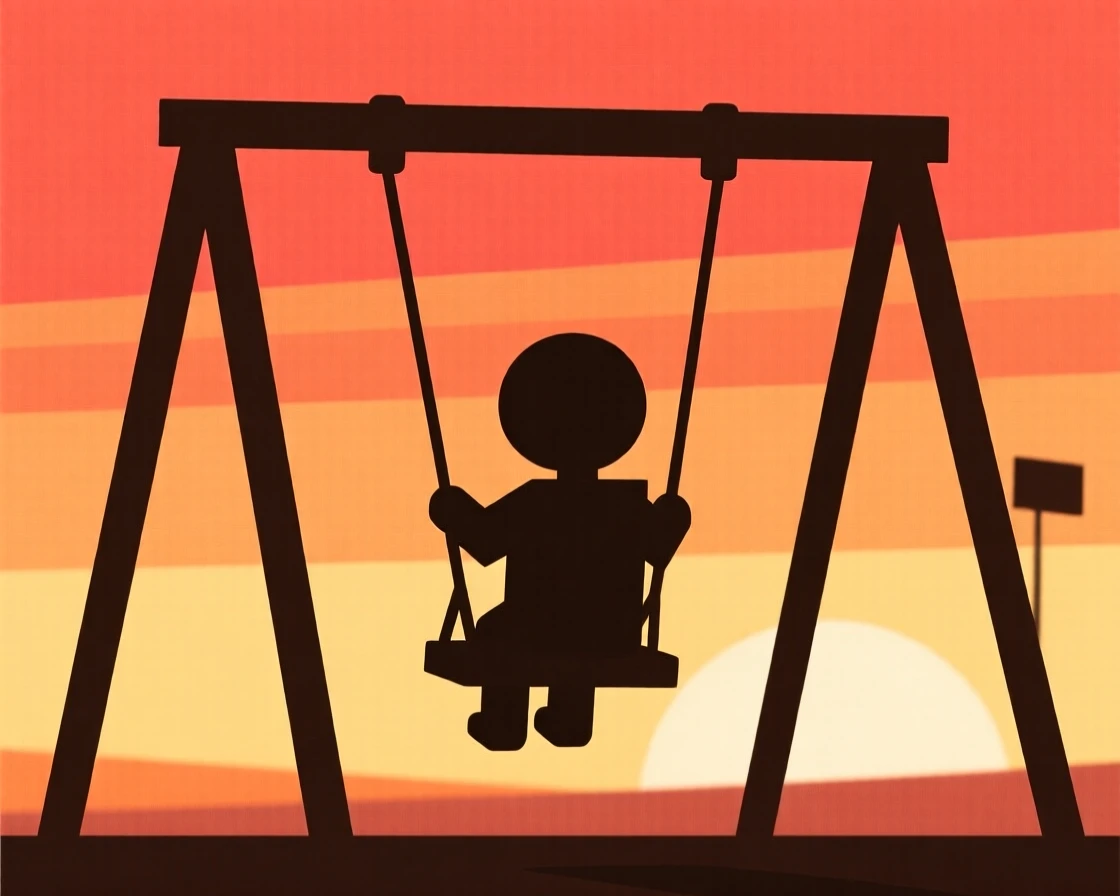 A child riding on a swing set at sunset