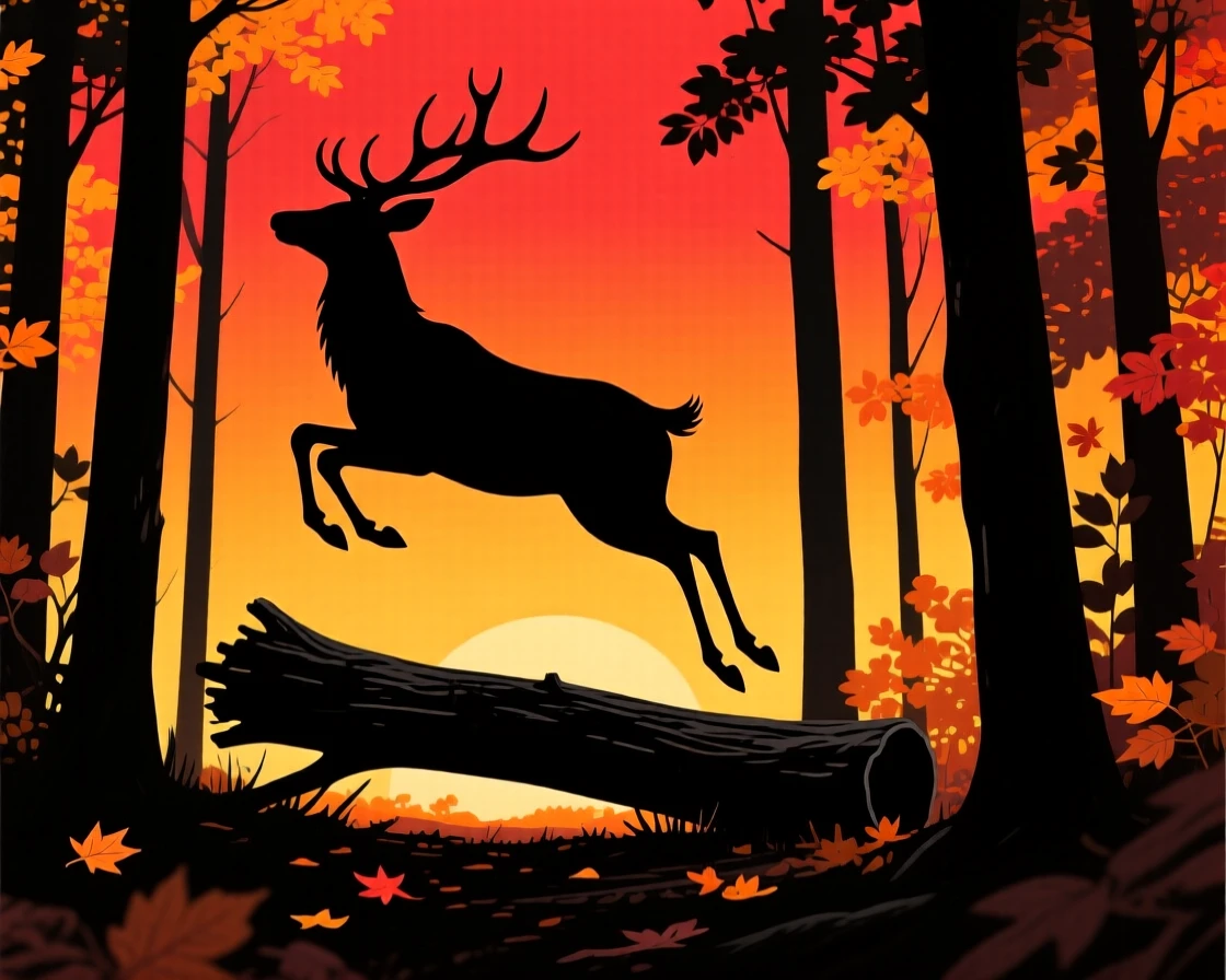 A single stag leaping over a fallen log deep in an autumn forest.
