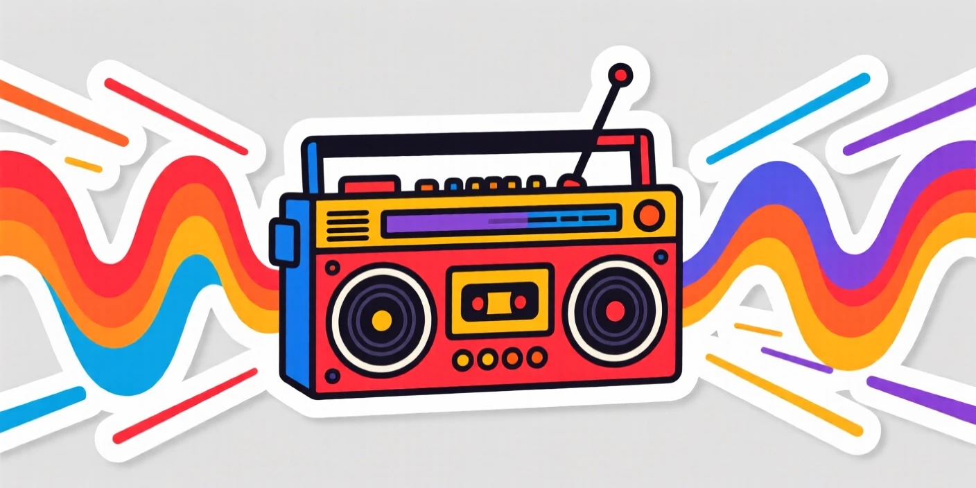 A brightly stylized retro boombox blasting colorful sound waves, with motion lines emphasizing speed and power, in a scene bursting with energy and color.