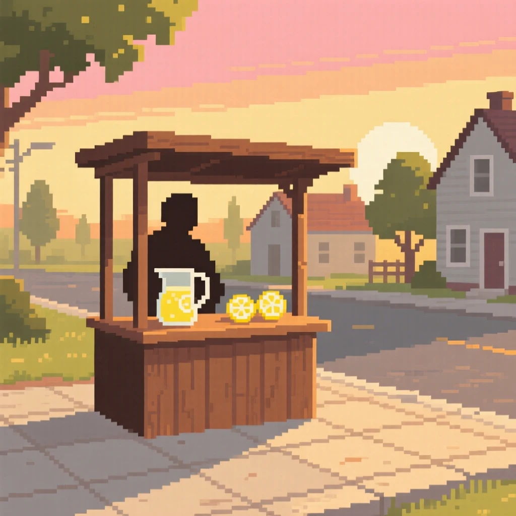 A lemonade stand on a sunny sidewalk captured in the golden light of early morning, in a small countryside town at sunset.