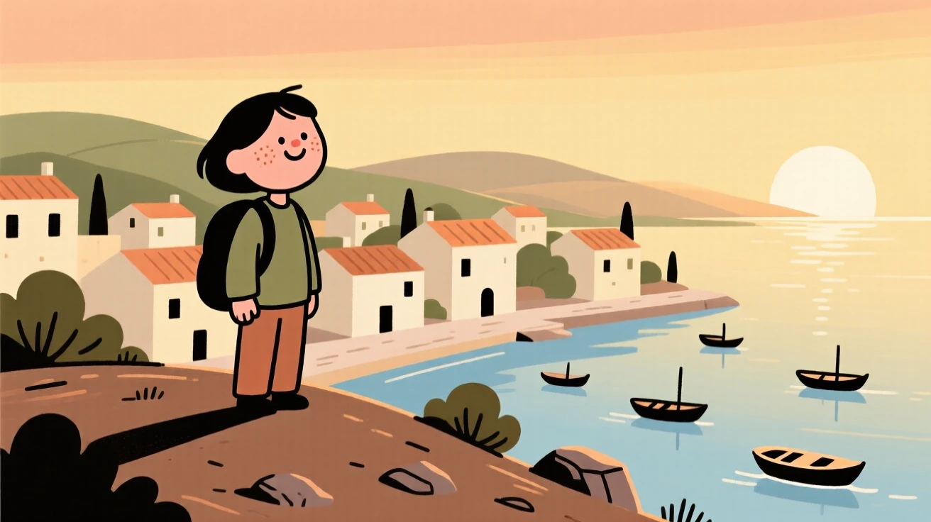 A traveler pauses on a hilltop overlook overlooking a sun-drenched Mediterranean village, watching boats gliding along the water as the soft evening light settles over the scene.