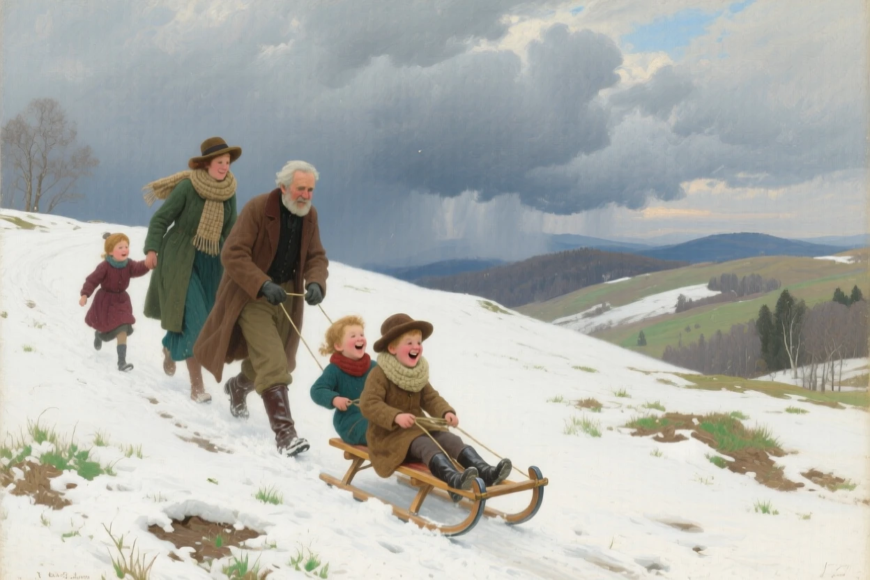 A grand panoramic scene of a family sledding down a snowy hillside, in late spring, beneath heavy grey storm clouds.