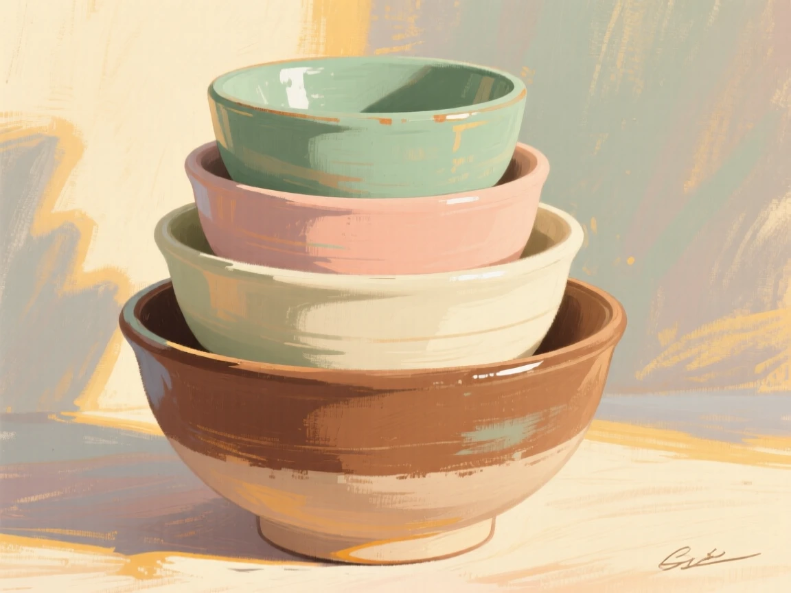 A set of hand-thrown pottery bowls stacked by size