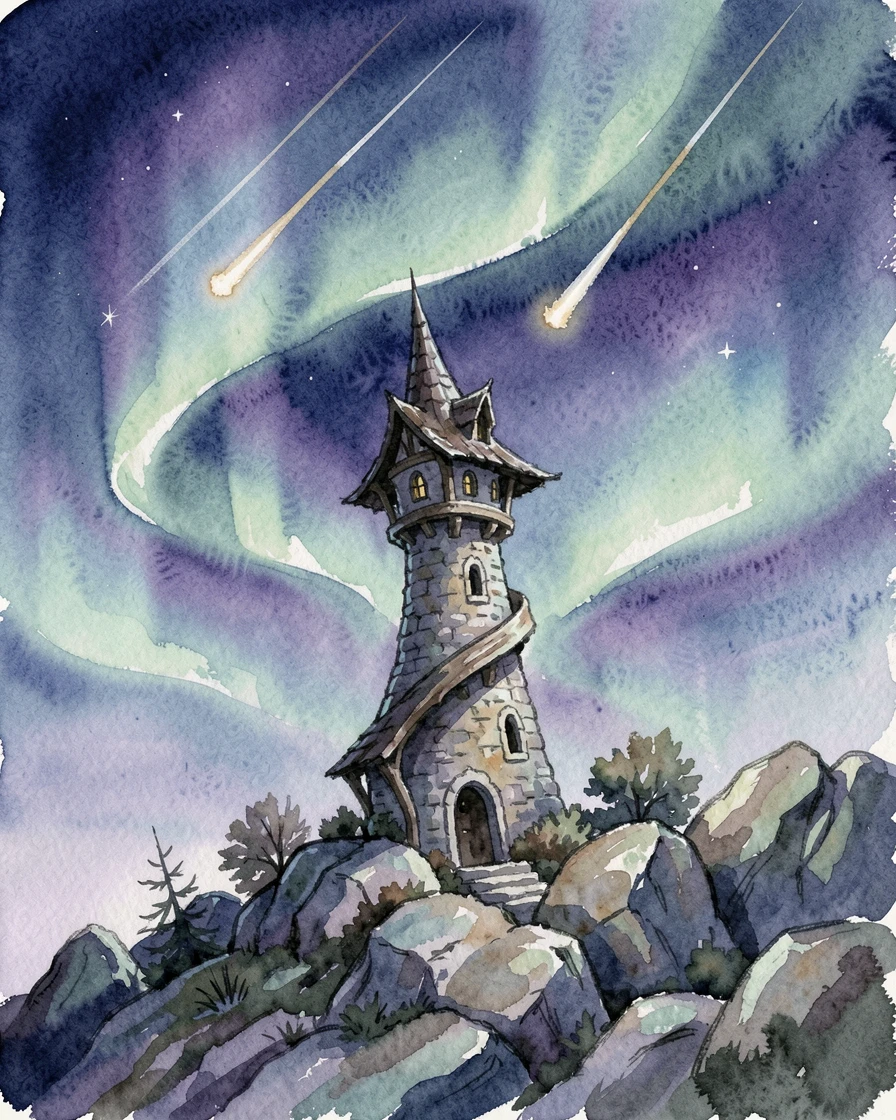 A wizard's tower surrounded by swirling northern lights as shooting stars streak overhead.