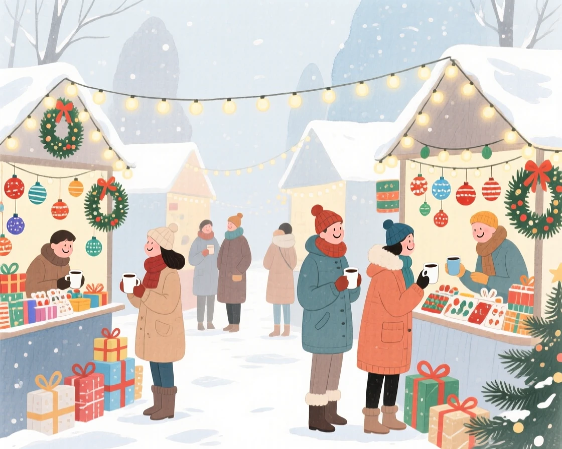 A joyful scene of a winter holiday market, decorated with twinkling string lights, capturing the warmth of the celebration