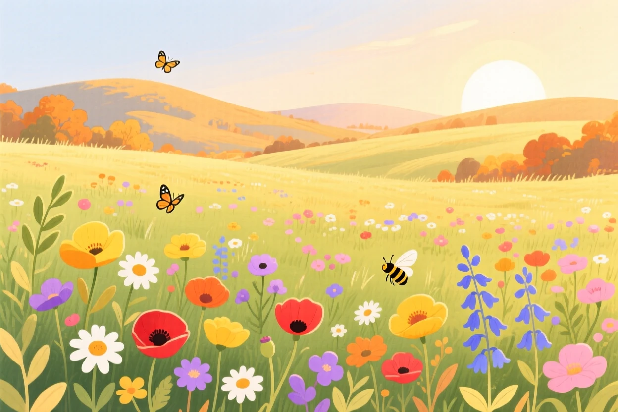 A panoramic scene of a meadow bursting with wildflowers in spring during golden autumn.