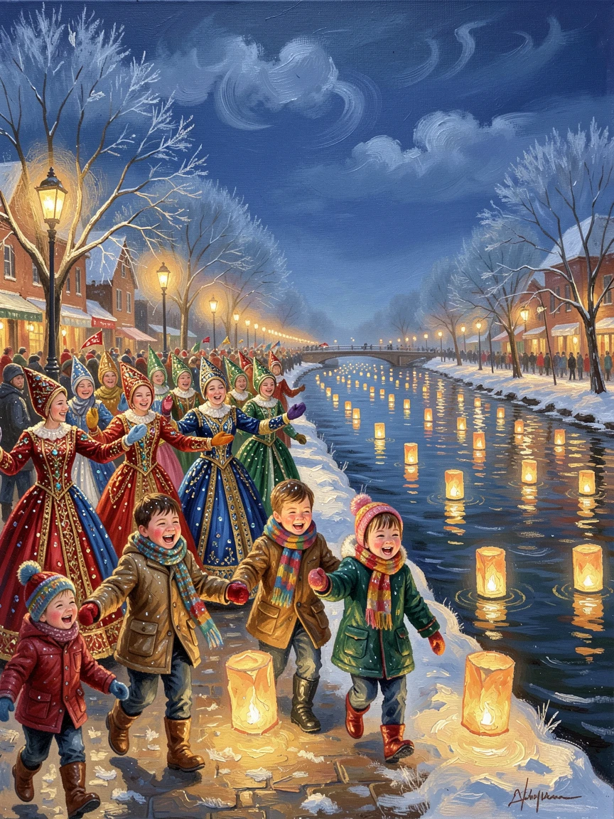 A colorful street parade with dancers in vibrant costume, beside a river reflecting the glow of floating lanterns, children laughing and chasing floating lanterns, on a crisp winter evening.