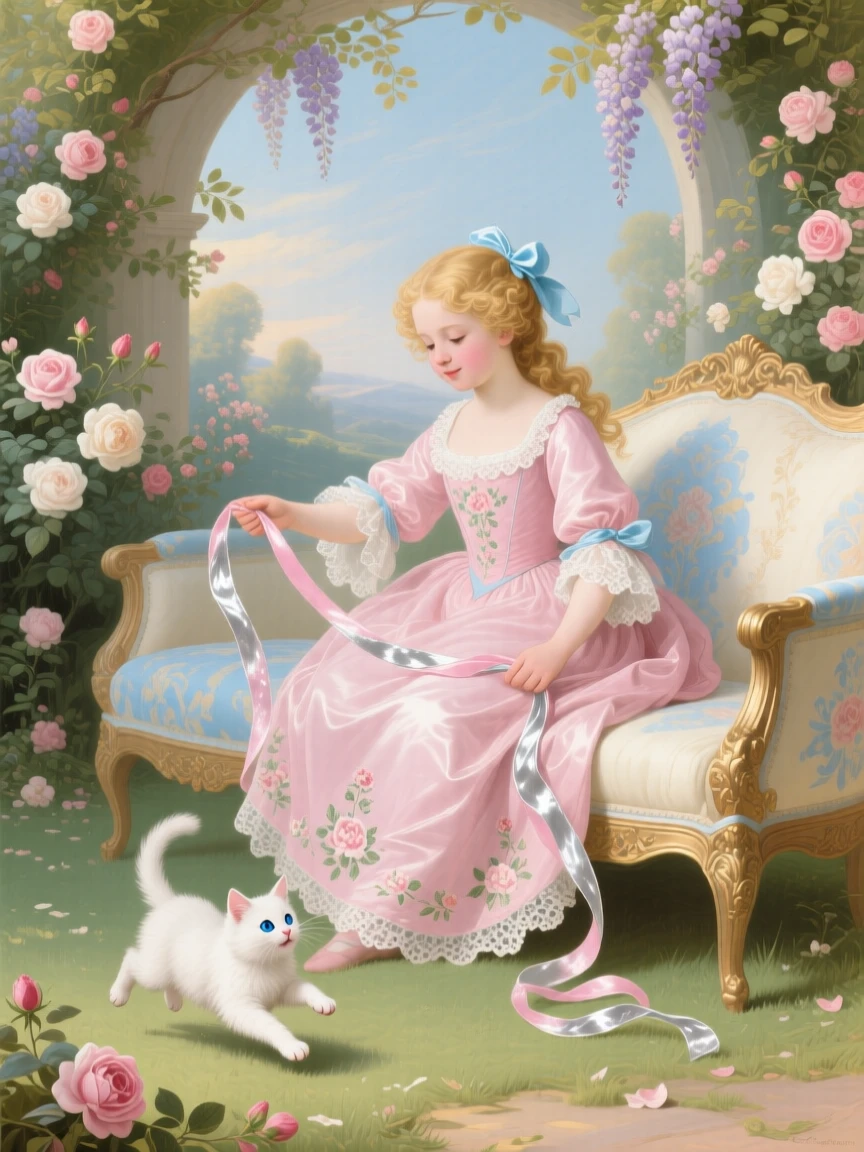 A young girl teaching her kitten to chase a ribbon  