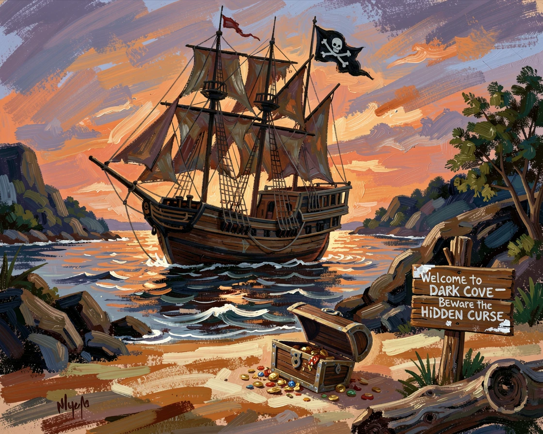 A pirate ship anchored in a hidden cove, treasure chest half-buried on the sandy shore.