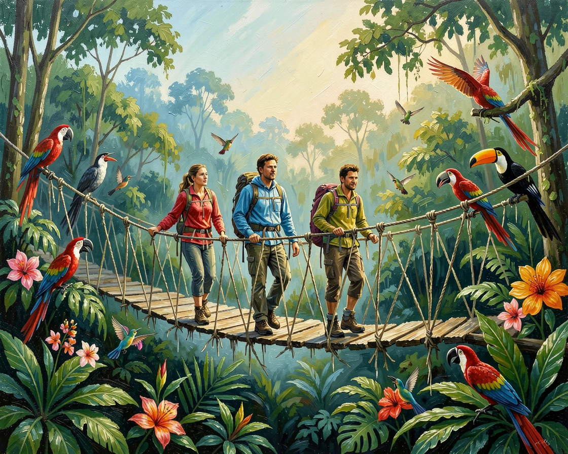 A group of trekkers crosses a rope bridge in the Amazon rainforest canopy, exotic birds calling from the dense green foliage below, a quiet sense of accomplishment visible in the posture and expression of those involved.