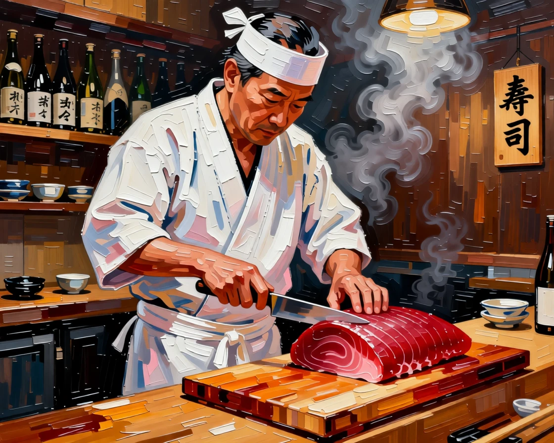 A sushi chef slicing fresh tuna with precise, practiced movements in a quiet restaurant