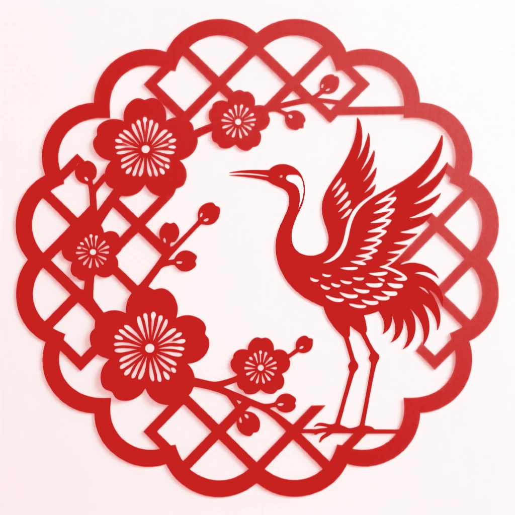 A design of a scalloped border design featuring a lattice of plum blossoms and cranes, rendered in perfectly balanced symmetry.