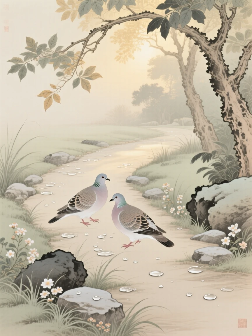 A pair of turtledoves hopping along a dew-covered garden path, soft morning light filtering through the branches