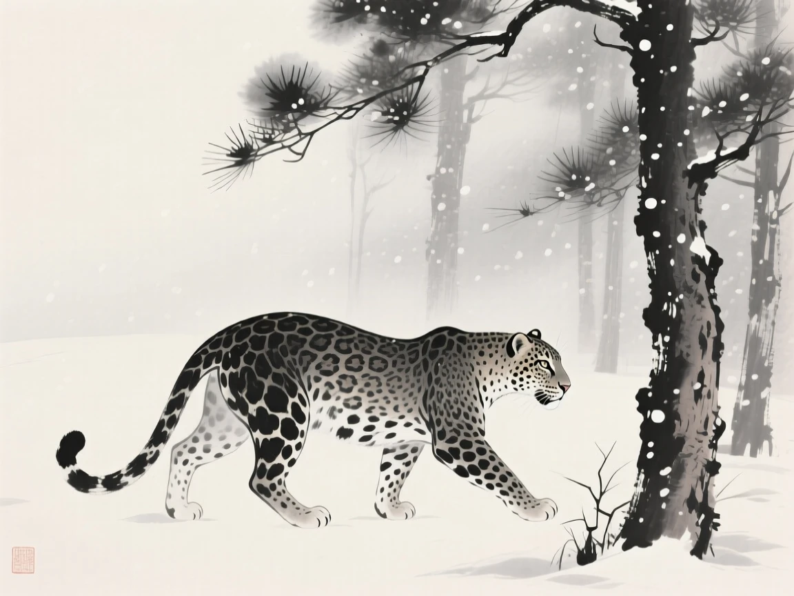 A leopard moving silently through falling snow in a misty pine forest, captured in profile against a soft, empty background, carrying a sense of quiet dignity and wildness.