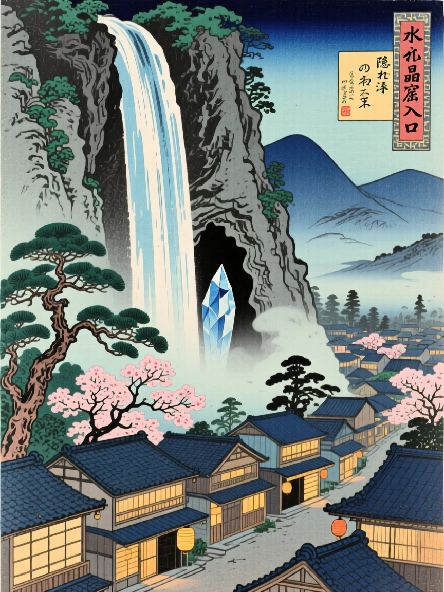 A hidden waterfall entrance to a crystal grotto, soaring above a sleeping city.