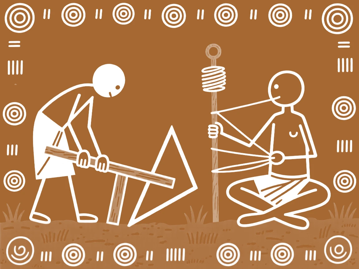A farmer repairing a wooden plow spinning thread on a simple wooden spindle.