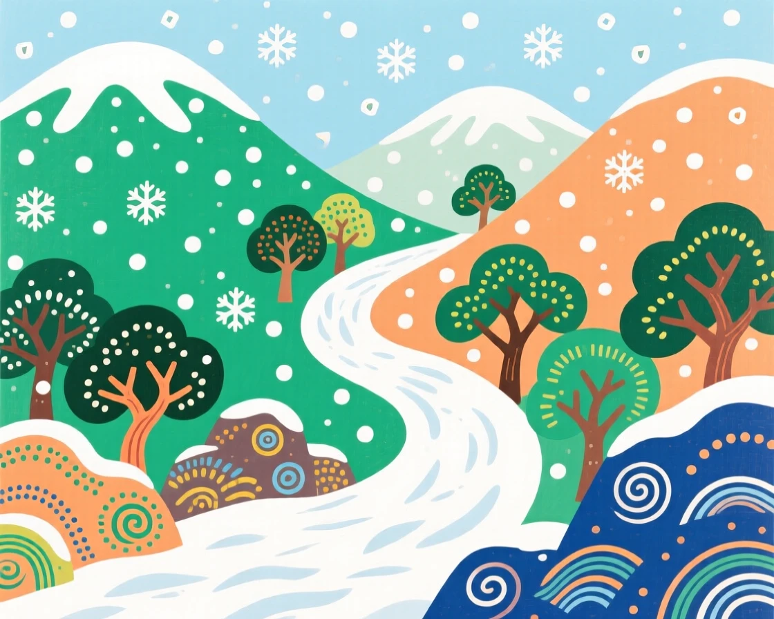A winding mountain path, during a soft and steady snowfall.