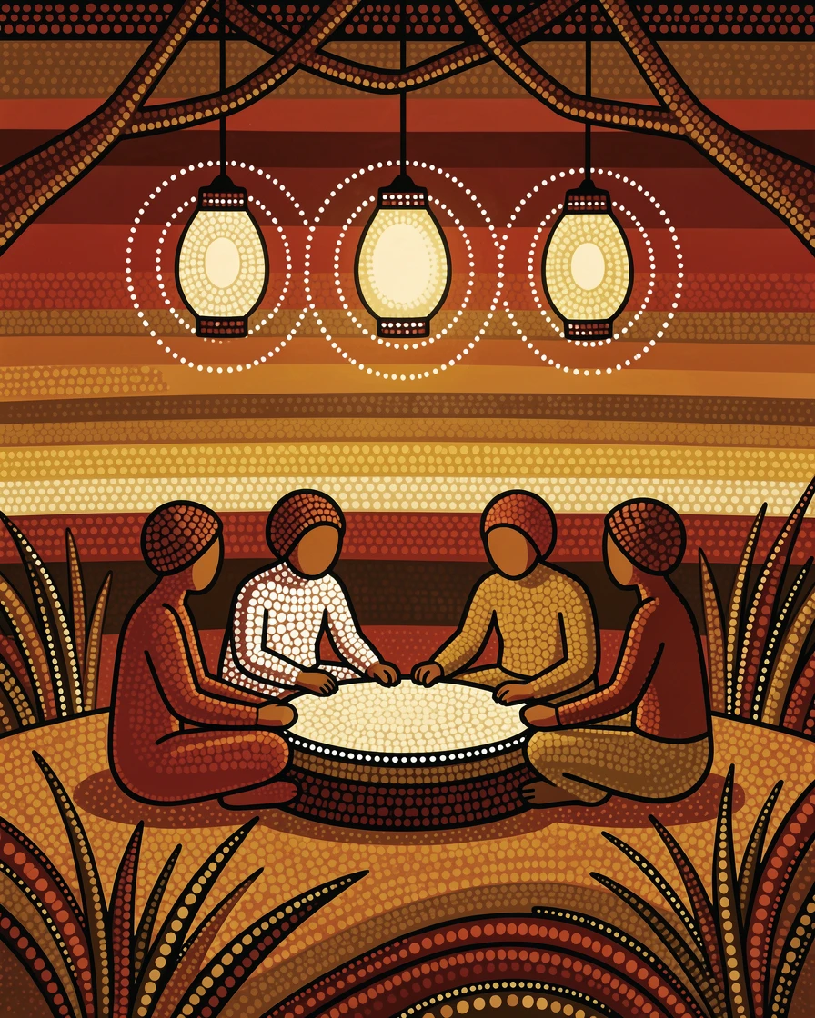 A family sharing a meal beneath lantern light at sunset