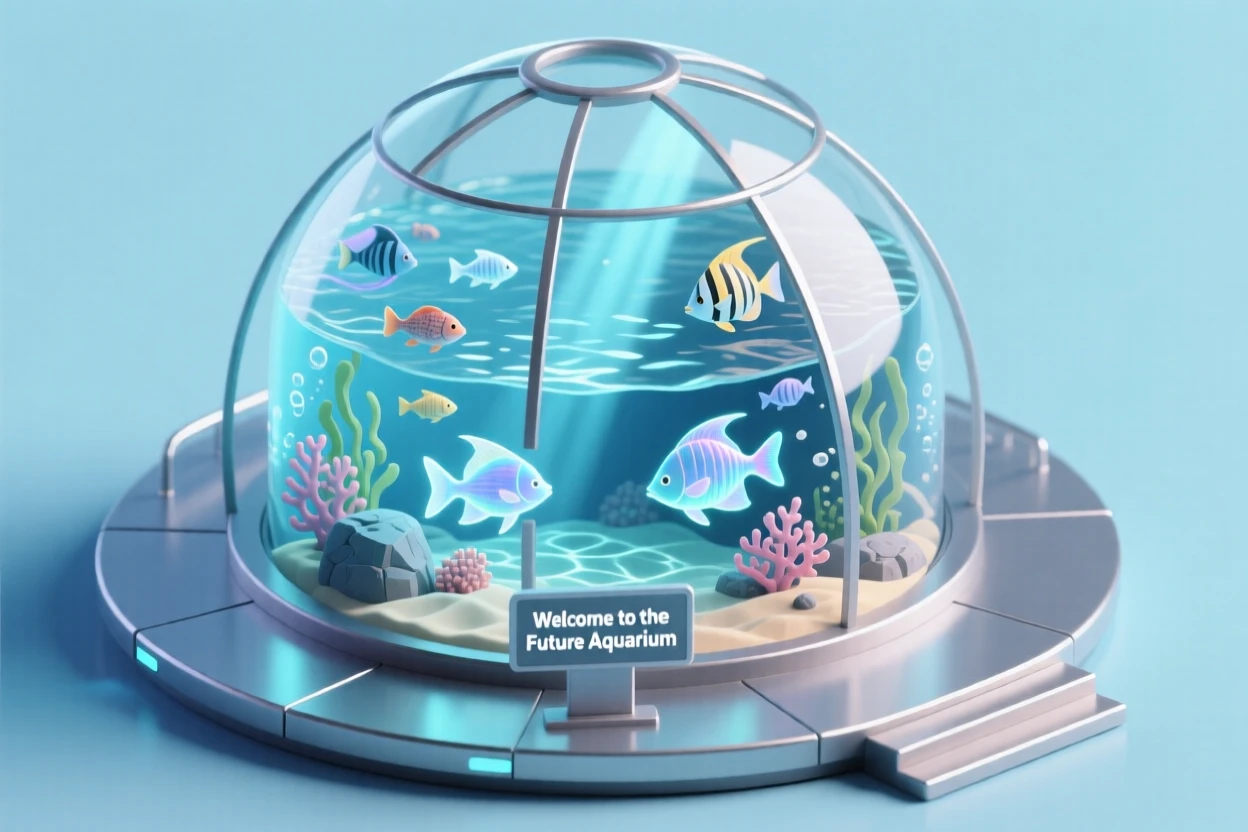 A futuristic aquarium with holographic sea creatures swimming alongside real fish in a massive glass dome.