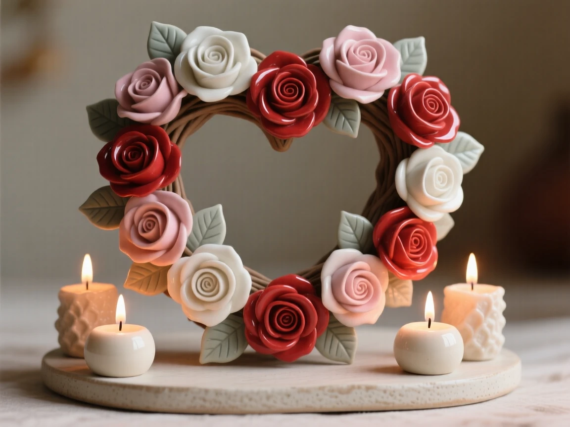 A heart-shaped wreath of roses for a loved one caught in a moment of seasonal cheer, surrounded by warm candlelight, evoking festive joy and warm togetherness.