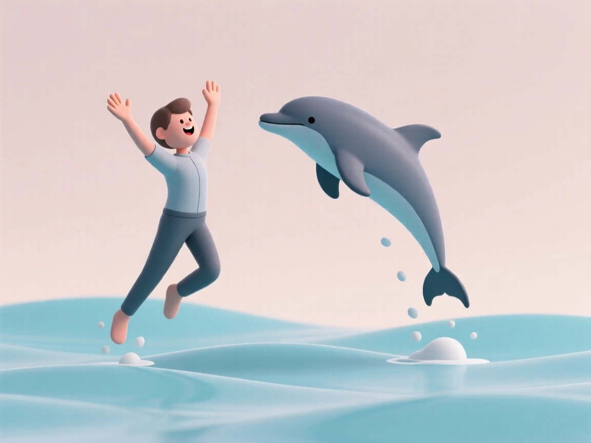 A gentle animal trainer teaches a dolphin a new trick, both leaping with joyful energy from the water.