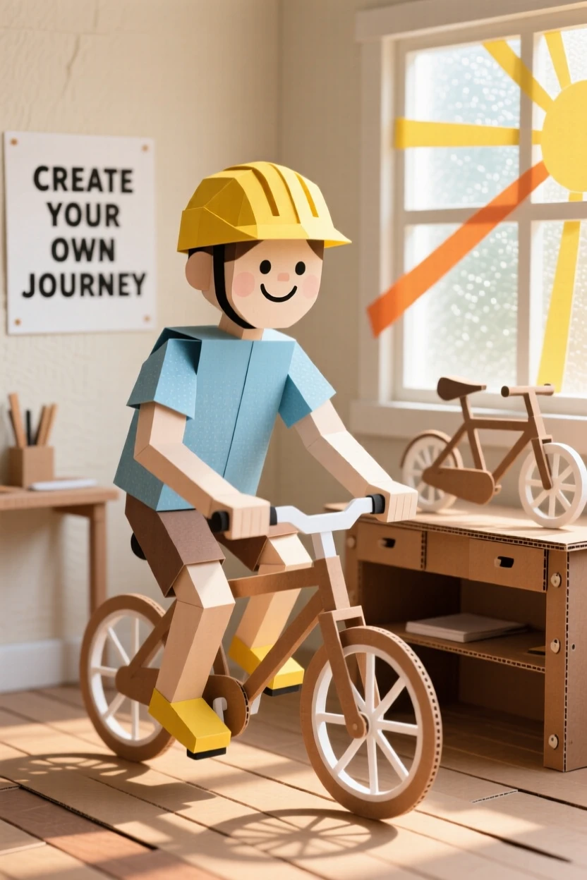 A cheerful cyclist working in a sunlit studio, with warm natural light streaming in, evoking calm and personal fulfillment.