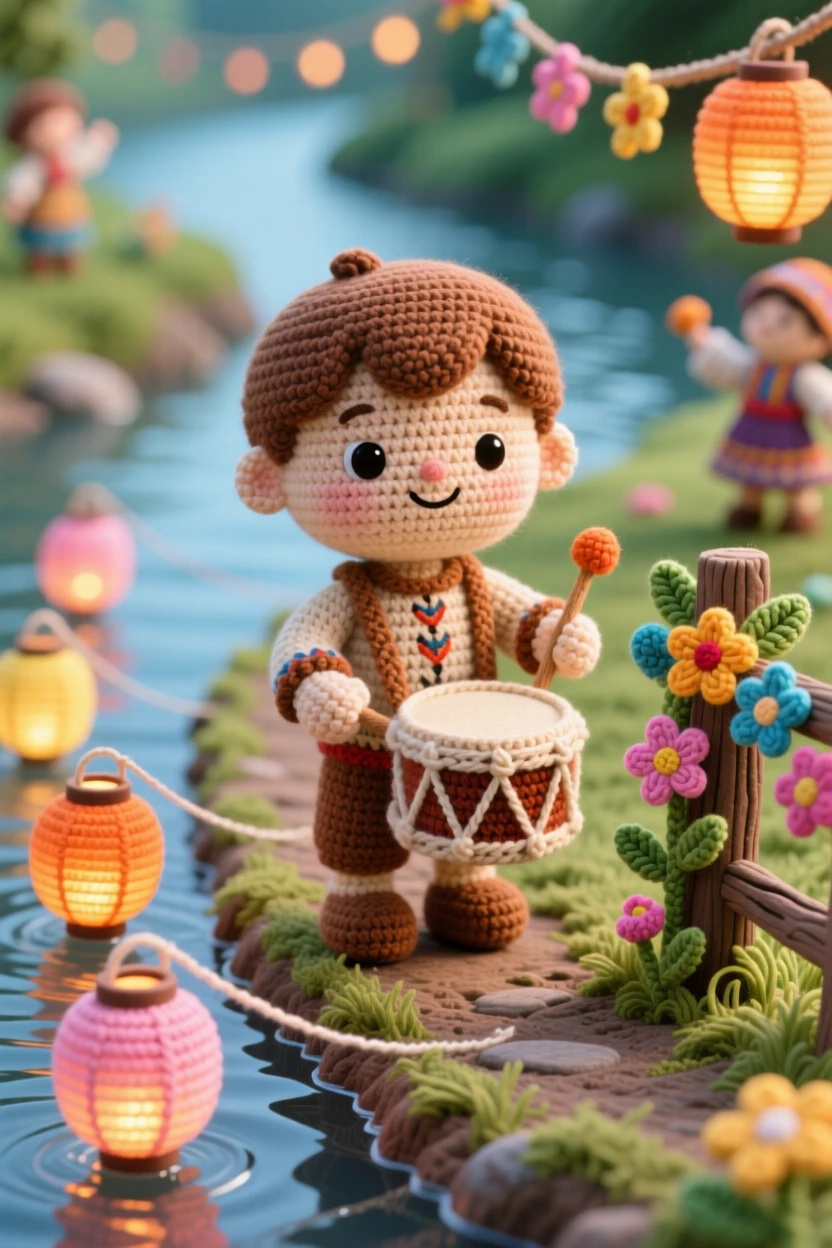 A festive cultural scene of a small boy carrying a small drum for a village celebration with a proud, focused expression, keeping time with the dancers within a riverside path lit with floating lanterns; a garland of woven flowers draped nearby nearby, full of heartfelt togetherness during a special gathering.