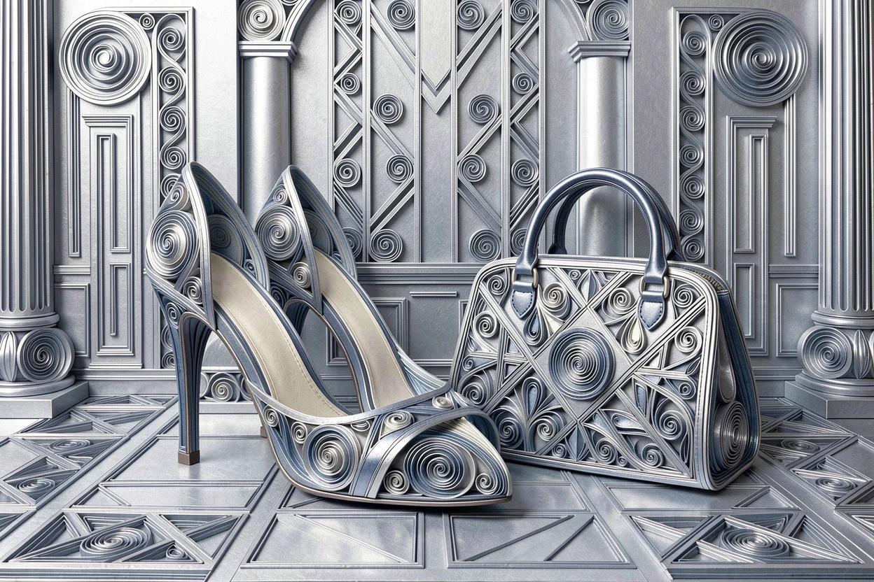 a pair of elegant high heels beside a designer handbag, in an elegant art deco lobby, arranged with elegant symmetry and balance, in cool platinum and silver tones.