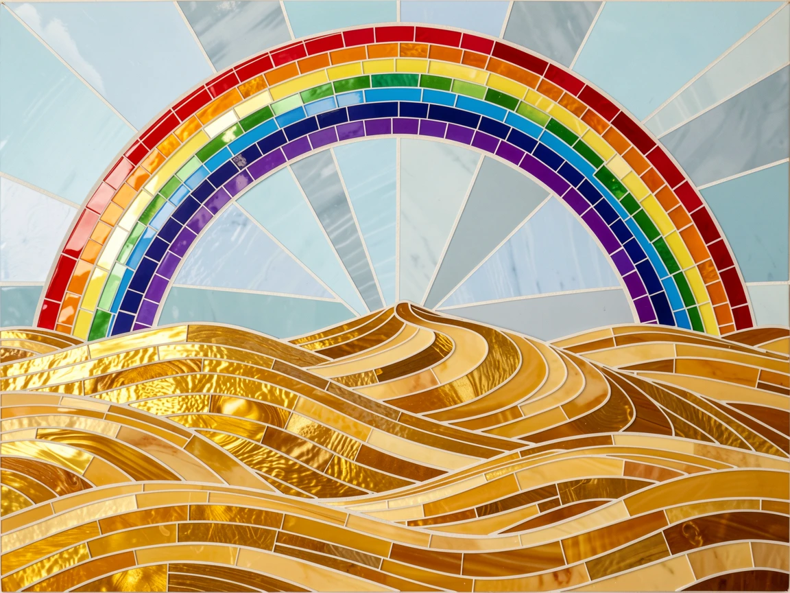 A sweeping sand dune landscape sculpted into smooth golden waves, illuminated by a dramatic double rainbow after rain.