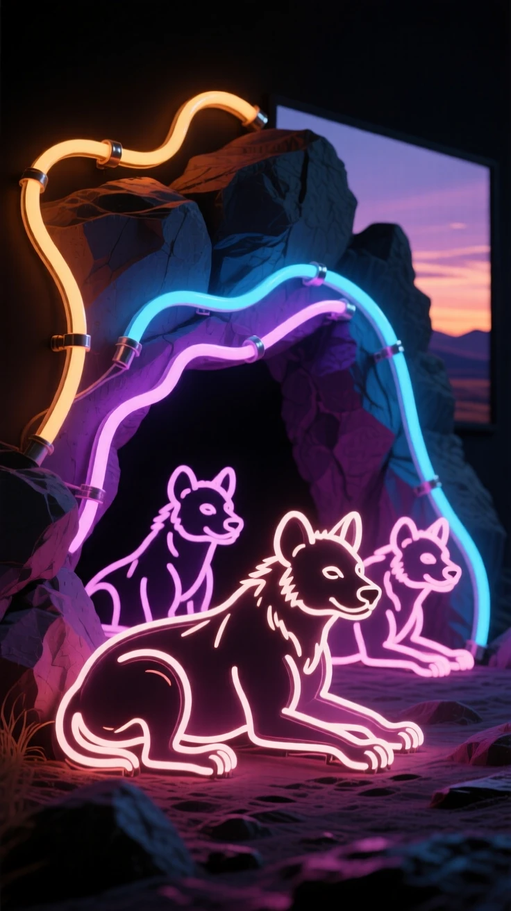 A pack of hyenas resting near a rocky den at dusk.