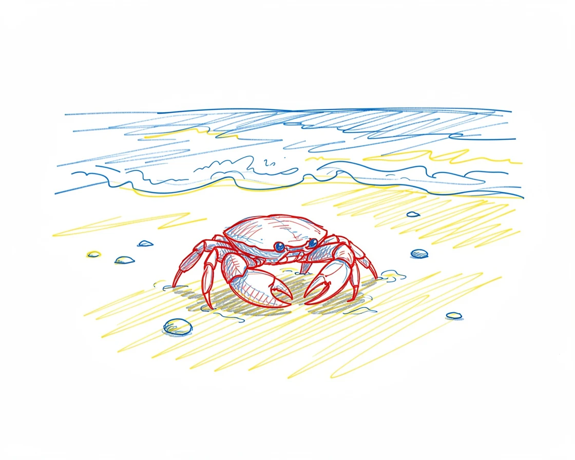 A crab scuttling across wet sand as a wave recedes