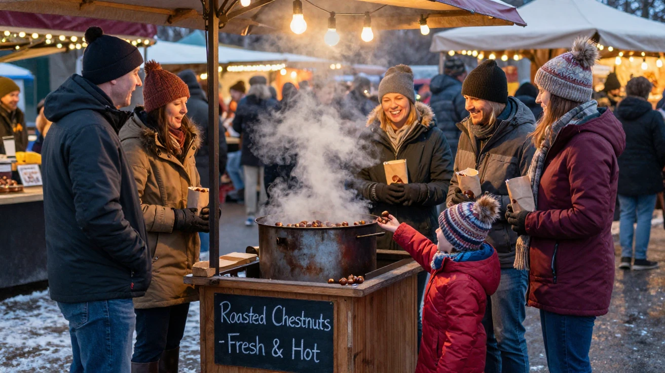 Families roast chestnuts together at a small stand during a winter market.