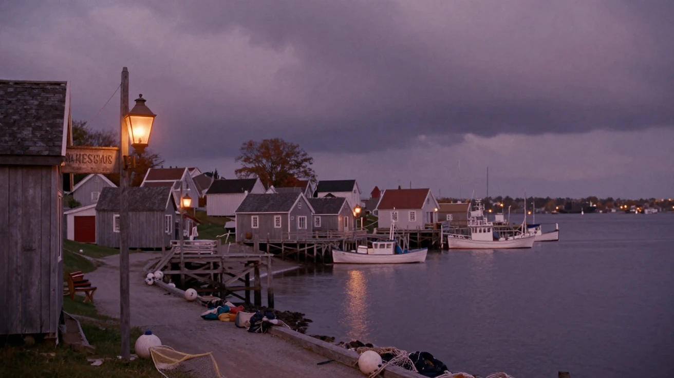 A small fishing village built along a curved coastal bay, in low lamplight, under a darkening storm sky, in the mild days of early autumn, in dusty lavender and rose tones, captured from a low angle looking up.
