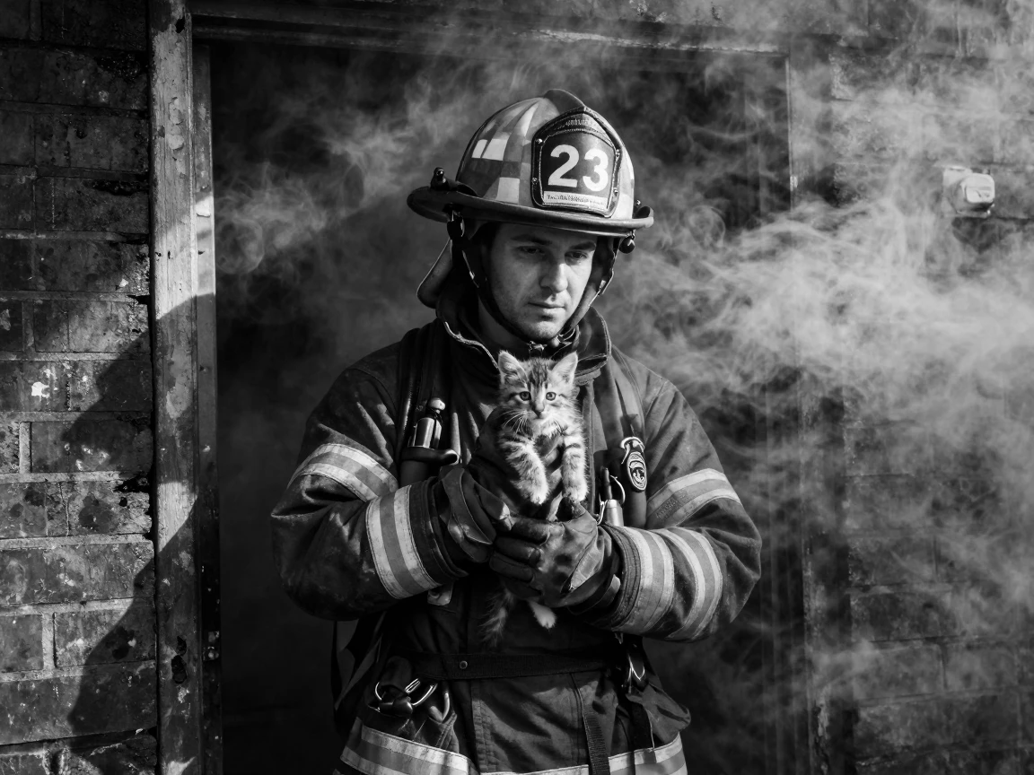 A firefighter carries a rescued kitten out of a smoky doorway outside a smoke-filled building.