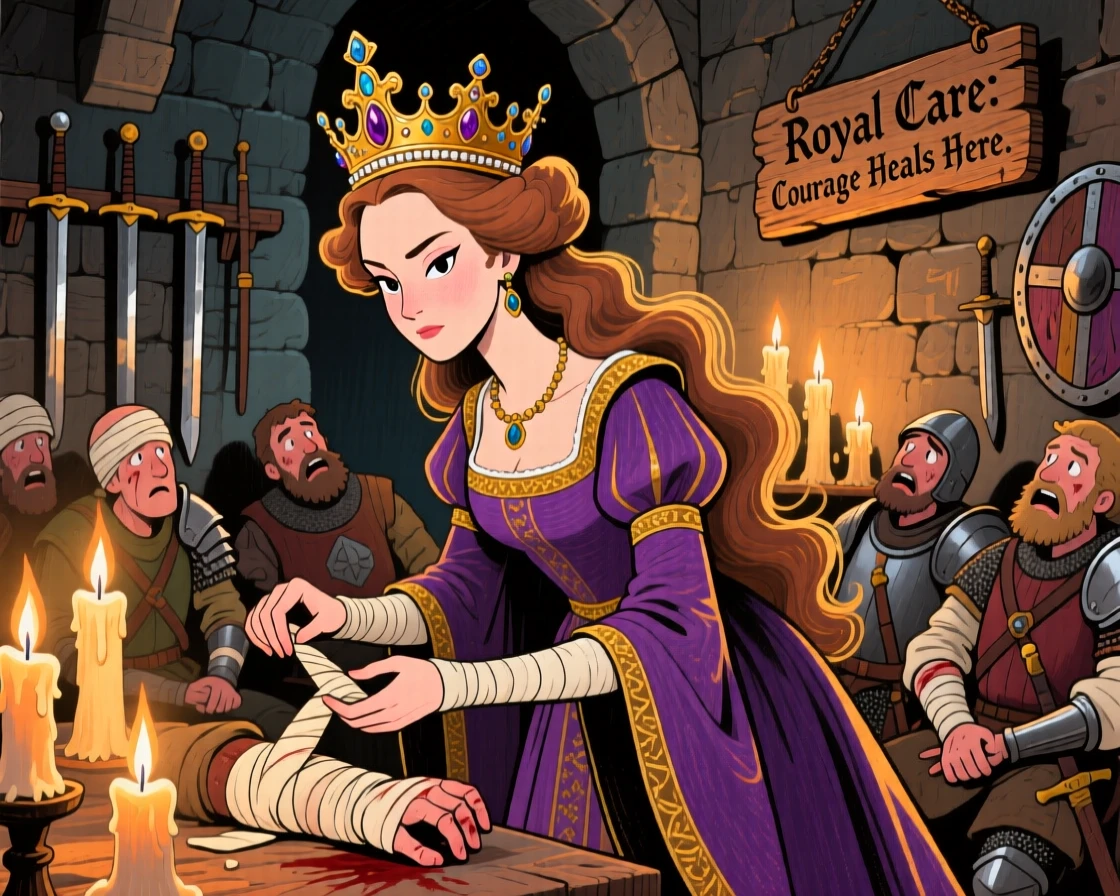 A medieval queen tending to wounded soldiers in a candlelit castle infirmary.