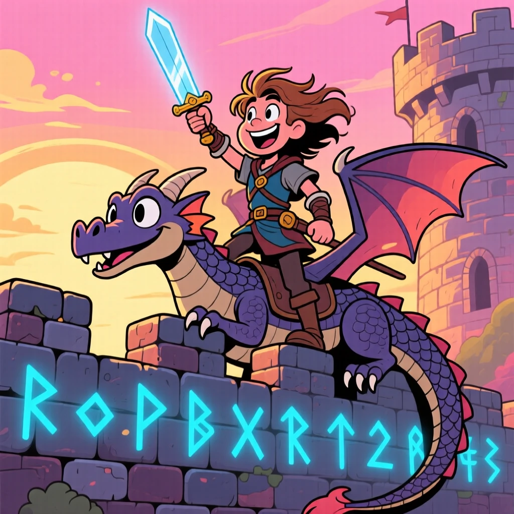 An imaginative fantasy scene of a daring dragon rider standing triumphantly atop a castle wall at sunrise, as ancient runes glow softly nearby.