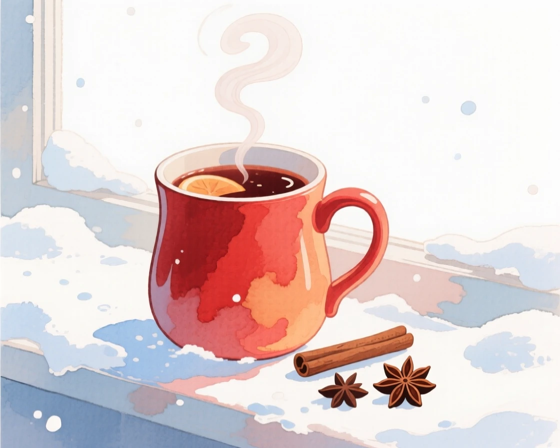 A cozy, appetizing, elegant and intimate scene of a warm mug of mulled wine on a snowy windowsill