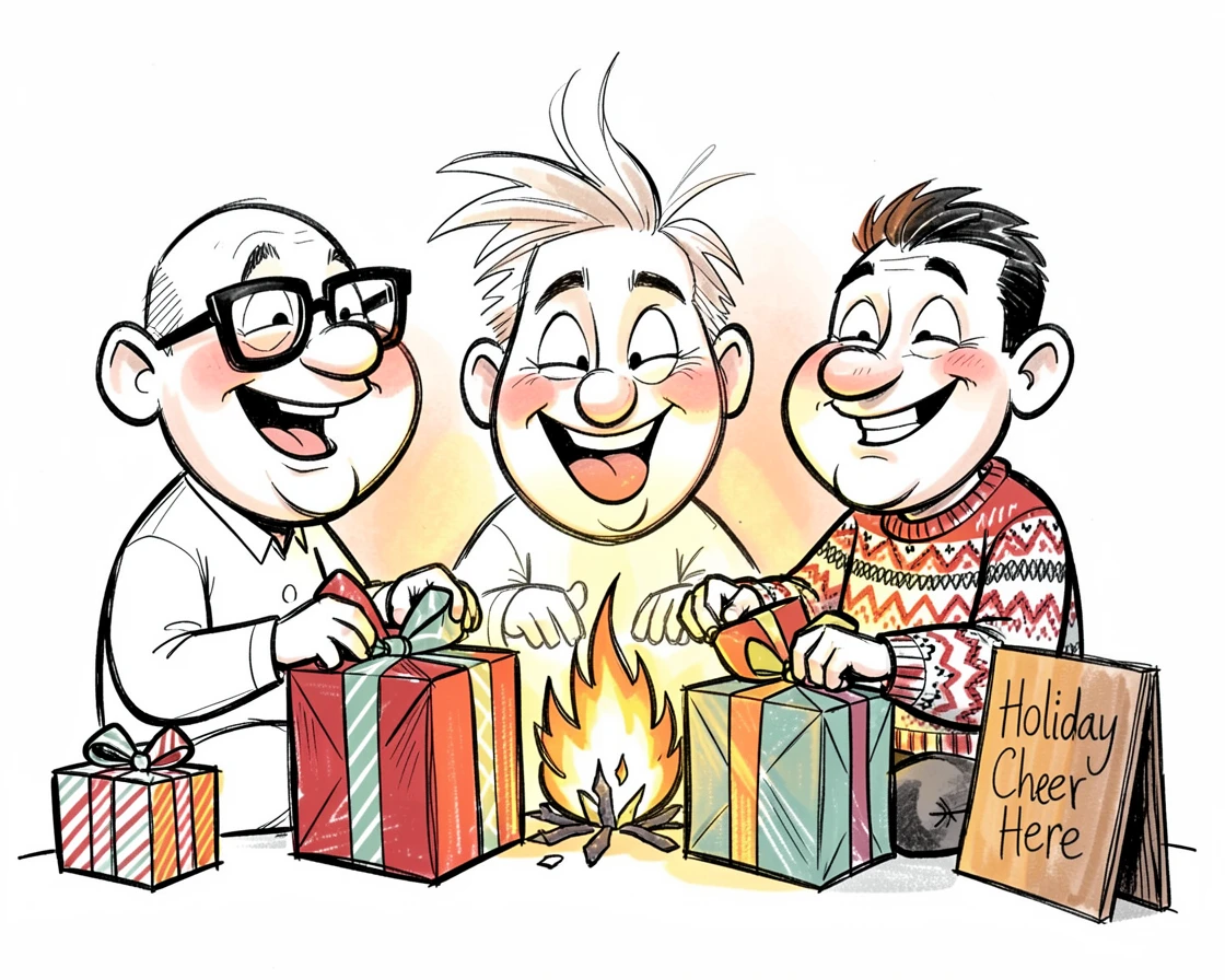 [Seasonal Holidays & Celebrations] Festive scene of a cozy group of friends wrapping presents by the fireplace, full of celebration and joy