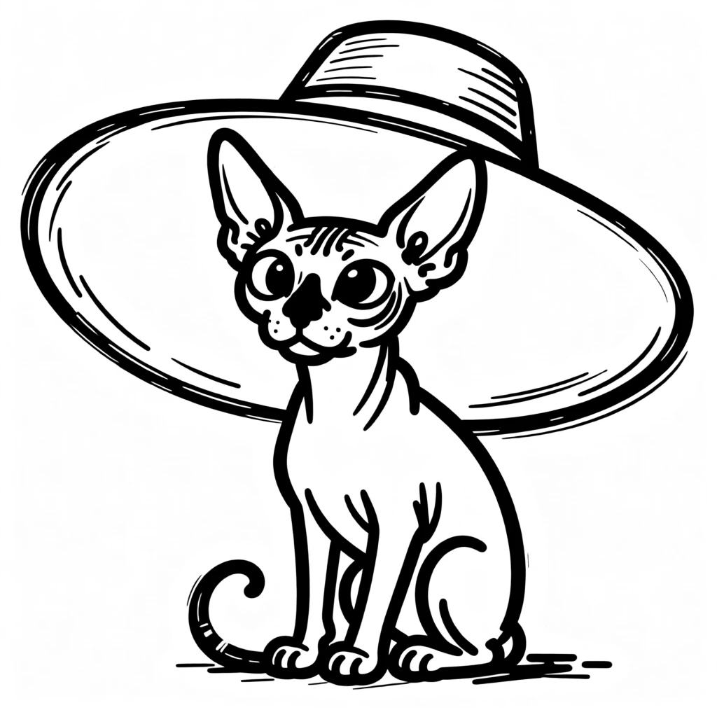 A sphynx cat sitting inside a giant sunhat, only its eyes and ears peeking out.